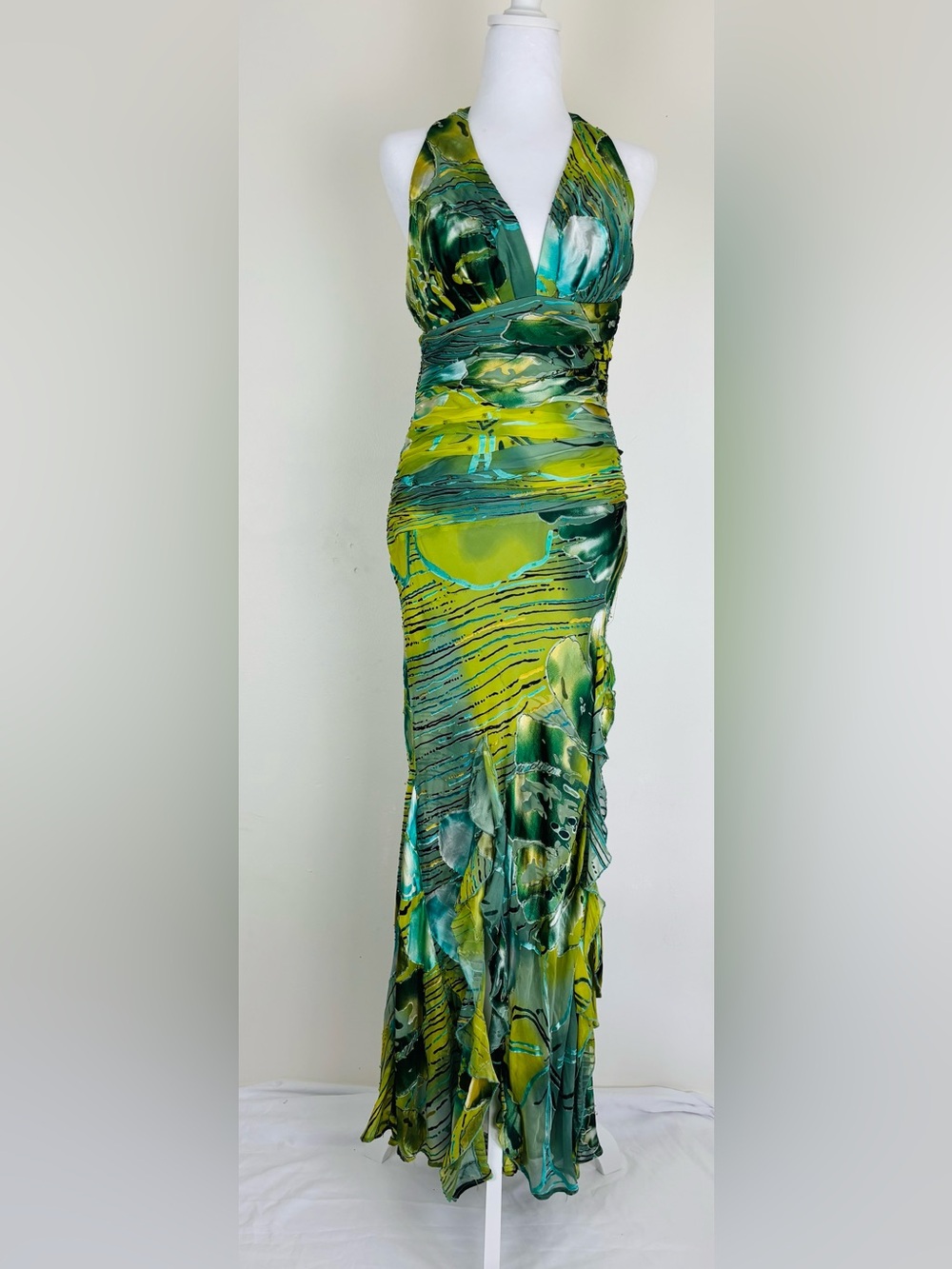 Vintage Artwear Silk Blend Burnout Velvet Beaded Halter Maxi Gown Green Abstract - Picture 3 of 14